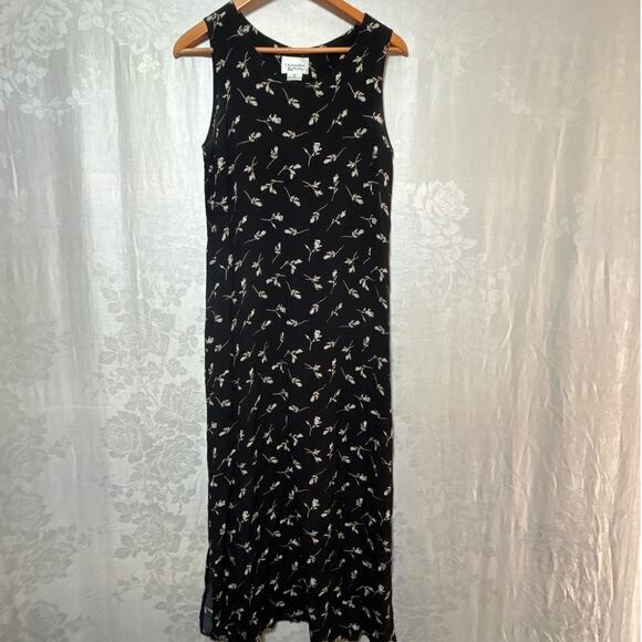Vintage Dresses & Skirts - VTG Midi Tank Dress 8 Black Tan Floral Side Slits Y2K Whimsigoth Fairy Grunge